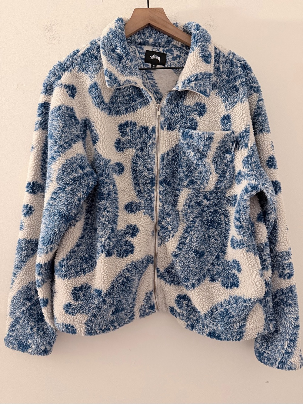 Stussy full zip big paisley Sherpa jacket blue cream M